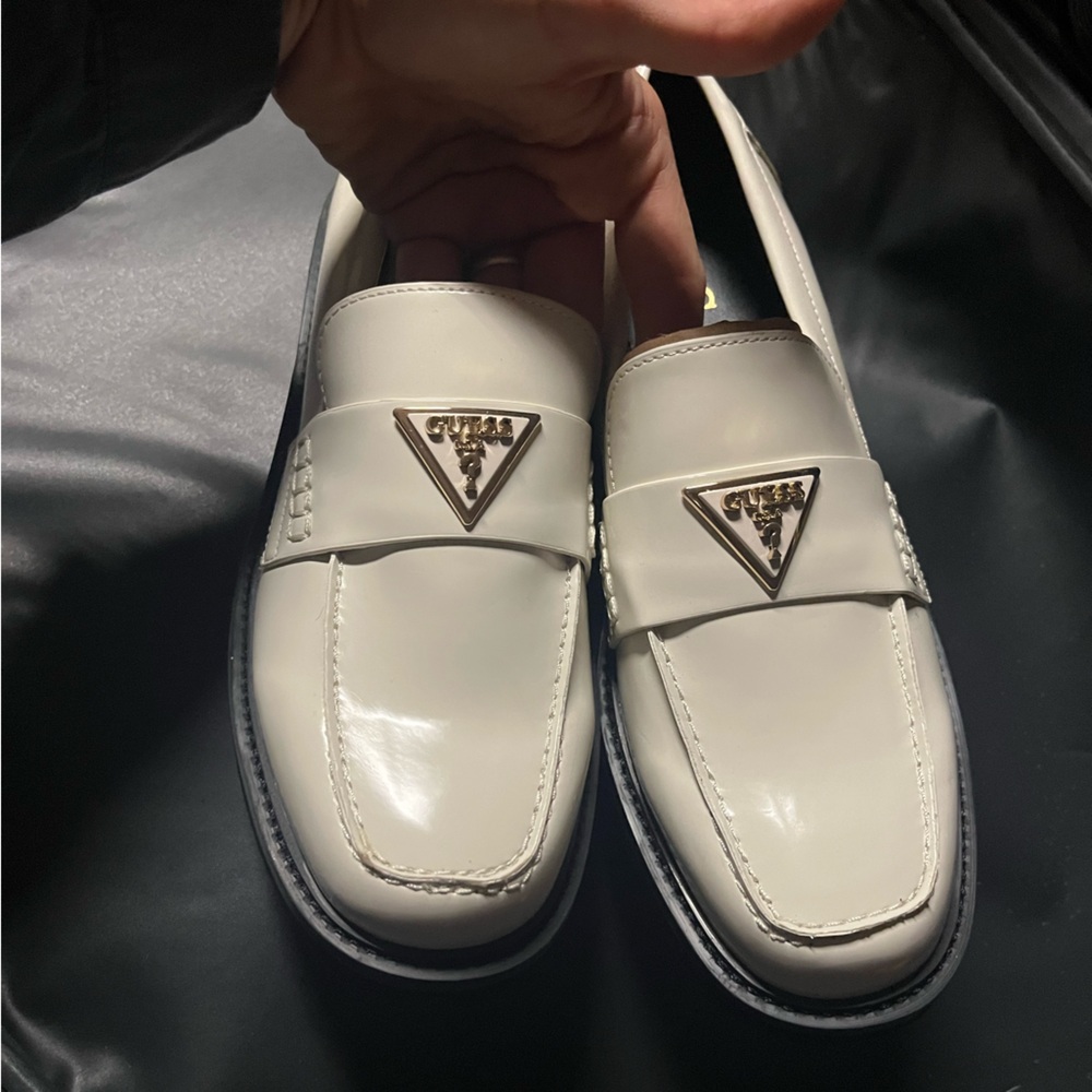 Guess Cream Leather Penny Loafers with Gold Logo